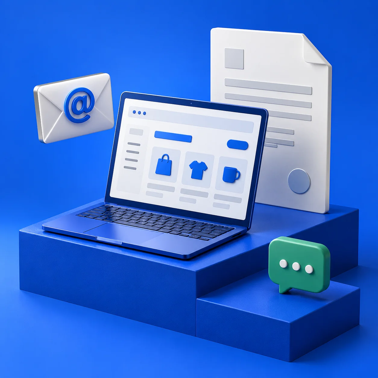 Ilustración 3D de una web, un documento de empresa, correo y conversación digital conectados.
